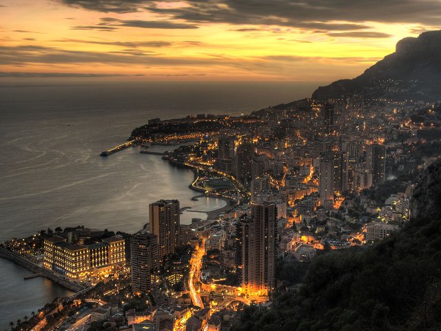 An aerial view of Monaco at dusk