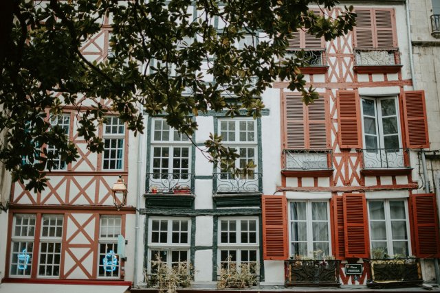 Traditional, colorful half-timbered houses in the Basque Country