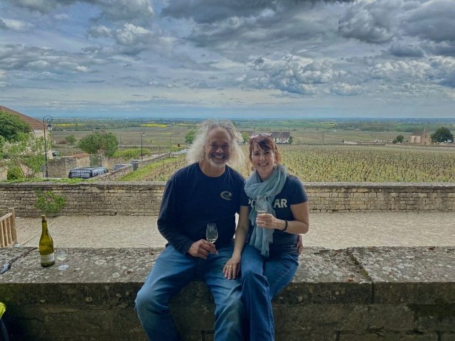 Travelers Bev and Jeff from California at a wine tasting in Burgundy