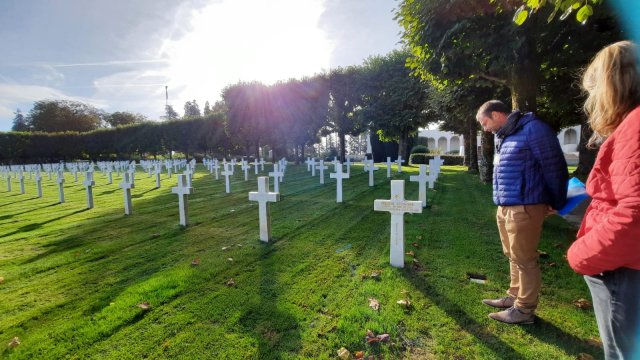 Trip planner Laura and private tour guide Vincent at Montfaucon American Military cemetery in Verdun