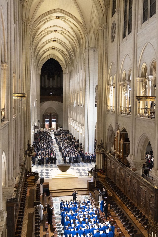 The interior of the cathedral looks much brighter following the restoration of the limestone The interior of Notre Dame Cathedral
