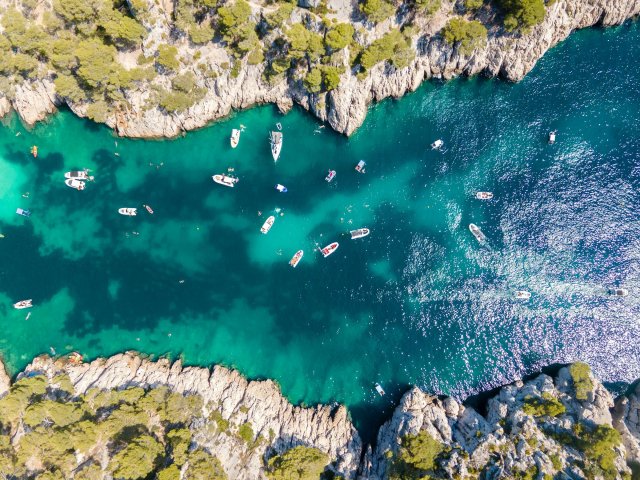 Aerial view of Port Pin calanque in Provence