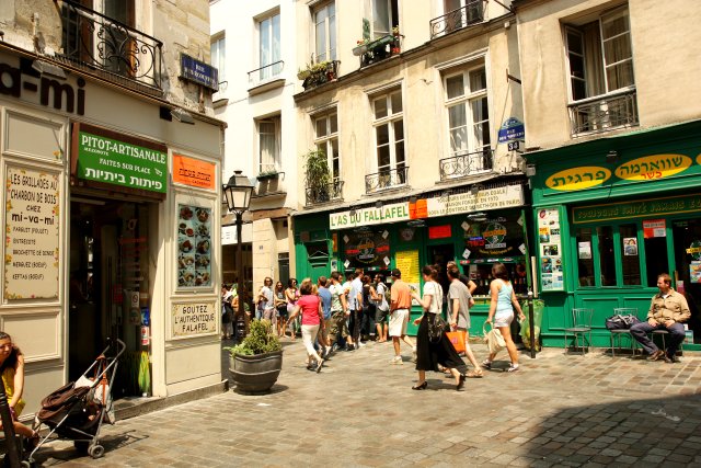 Rue des Rosiers in Le Marais neighborhood in Paris