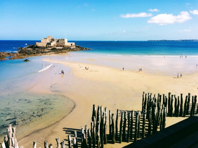 Wooden cross on the coast in Saint Malo, Brtittany, France, vive