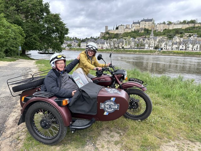 Travelers Kathy & George on a vintage sidecar tour in the Loire Valley