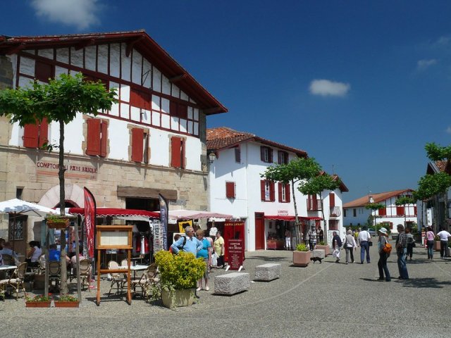 Traditional red and white houses in Espelette, in the French Basque Country